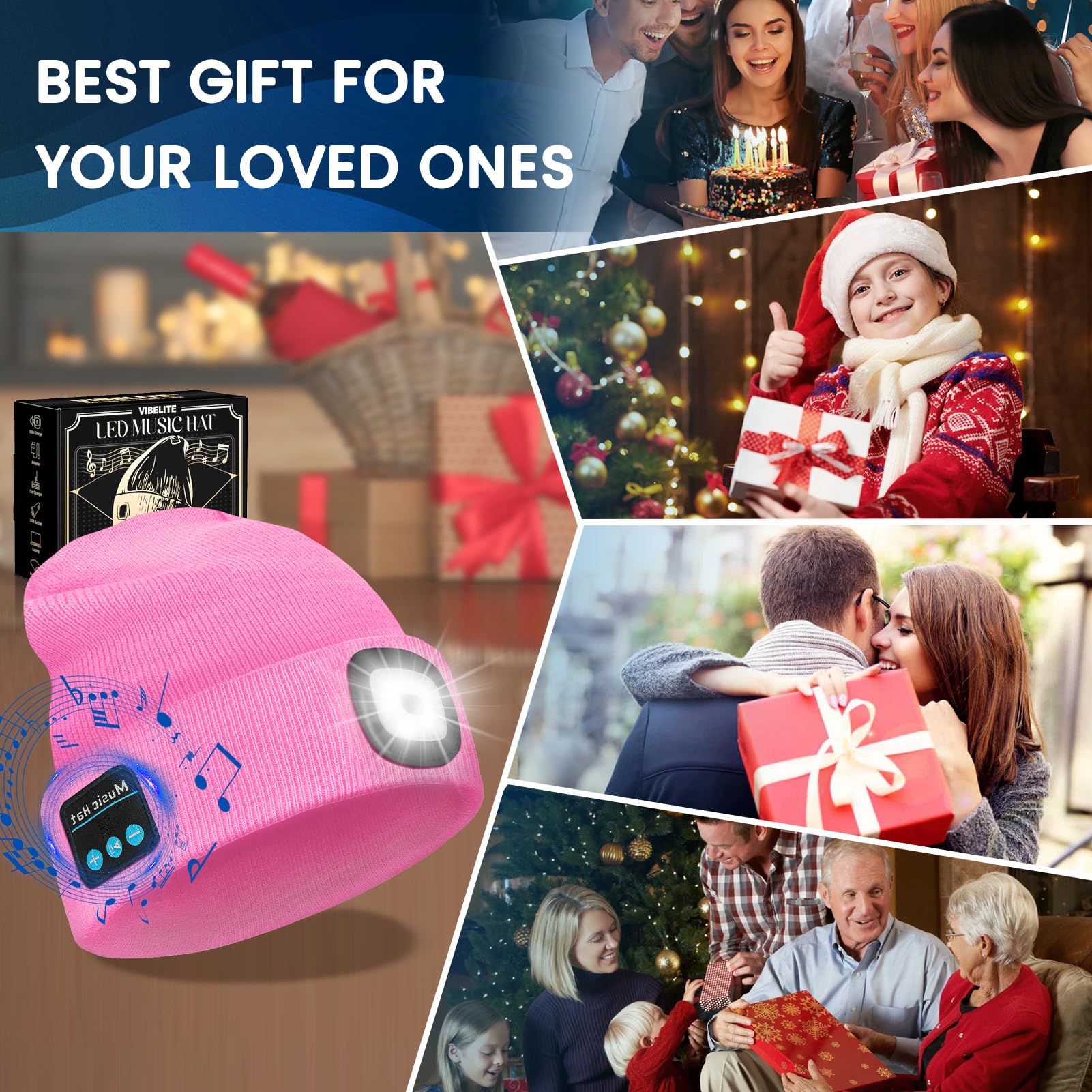 VIBELITE LED Beanie Hat with Light, USB Rechargeable LED Headlamp for Hiking, Camping, Fathers Day Gift for Dad, Husband, Birthday Gifts for Men, Women, Dad Gifts from Daughter, Wife, Black