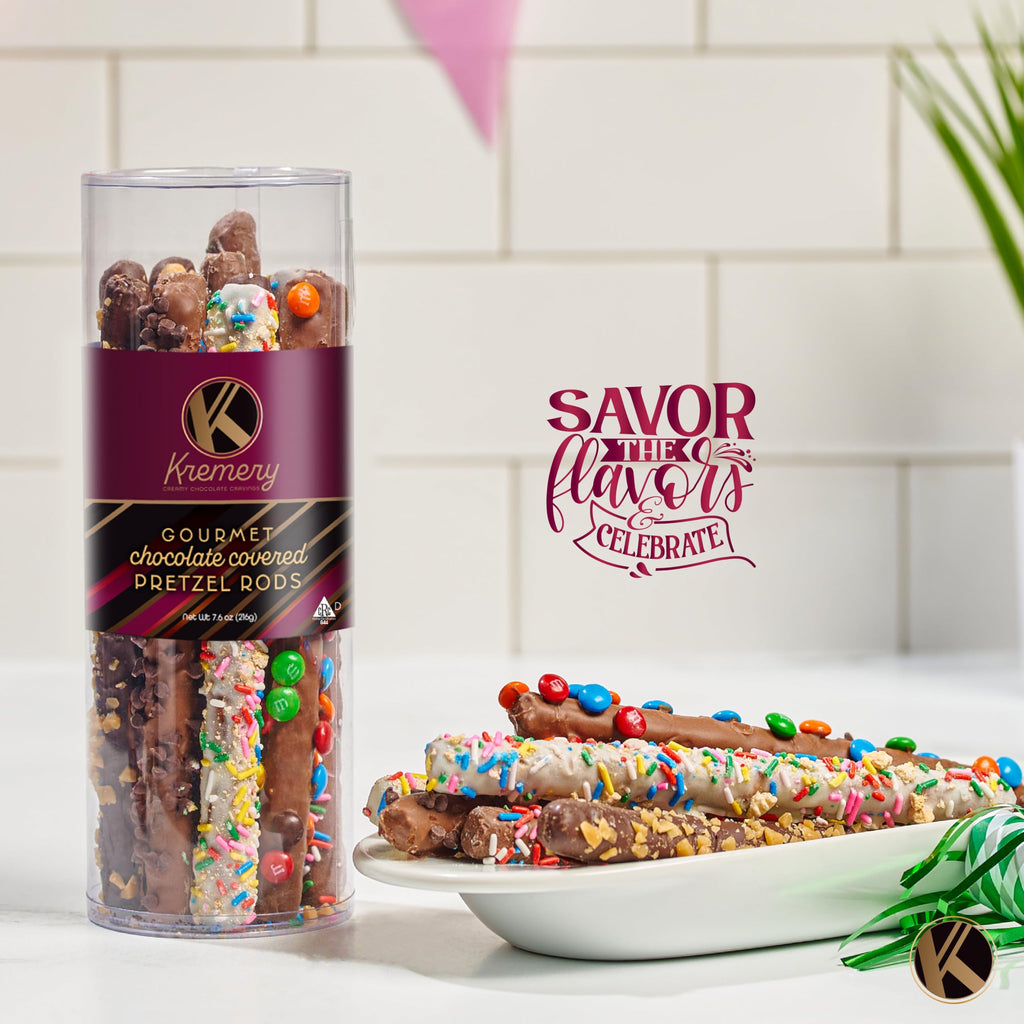 KREMERY Creamy Chocolate Cravings - Fathers Day Treats, Gift For Dad, Chocolate Covered Pretzel Rods Gift Basket with Candied Toppings (8 Pretzels) Sweet Treats in Clear Tube Kosher