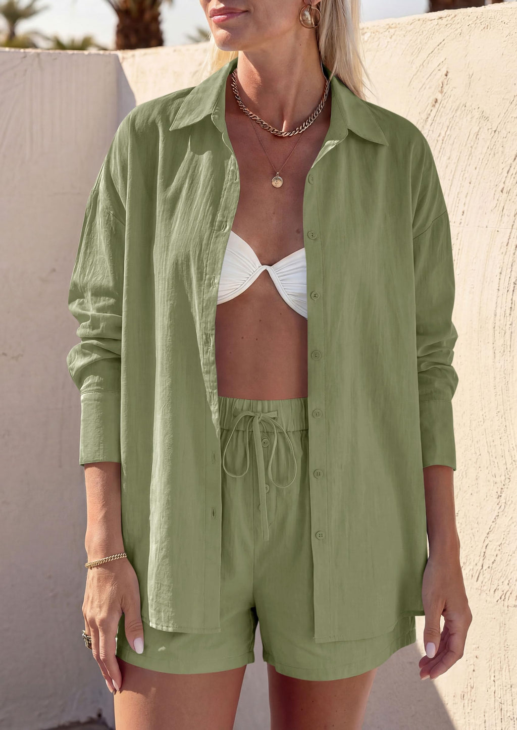 PRETTYGARDEN Women's Summer 2 Piece Matching Lounge Sets Pajamas Long Sleeve Shirts Blouse Pockets Shorts 2026 Spring Outfits