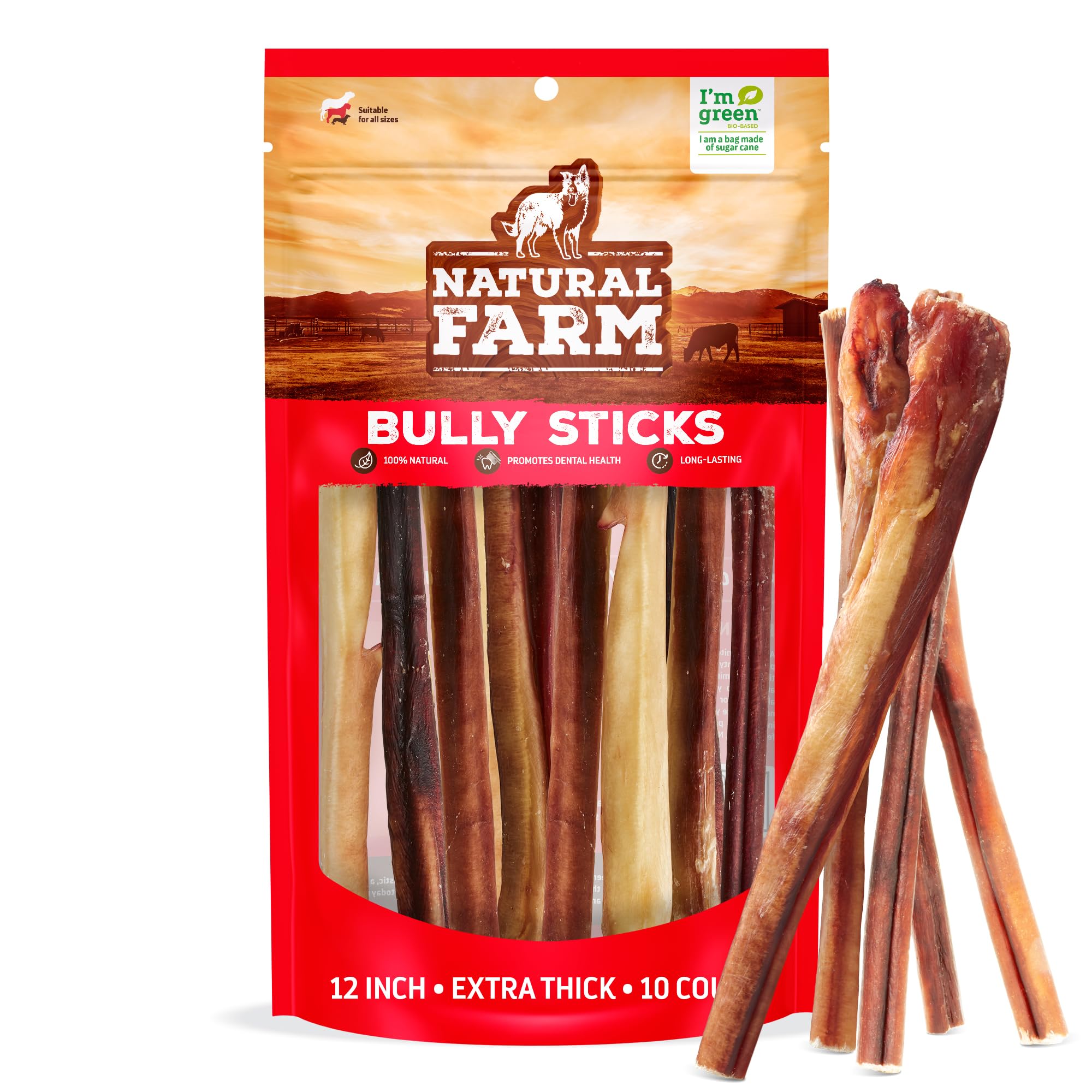 Natural Farm Bully Sticks (6 Inch, 15 Count), Single Ingredient: 100% Beef Chews, Grass-Fed, Non-GMO, Grain-Free, Fully Digestible Treats for Puppies, Small or Senior Dog