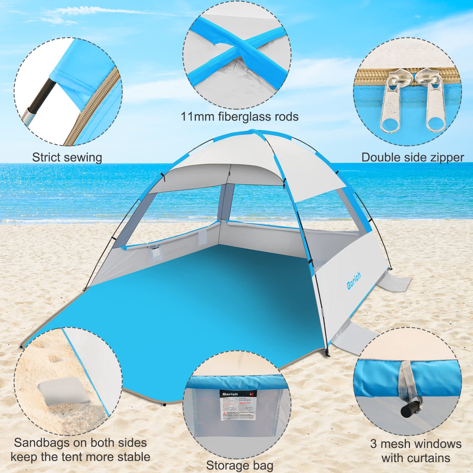 Gorich Beach Tent Sun Shelter for 3/4/6/8/10 Person with UPF 50＋ UV Protection, Lightweight & Easy Setup Beach Shade Canopy, Portable Beach Shade Tent Beach Cabana