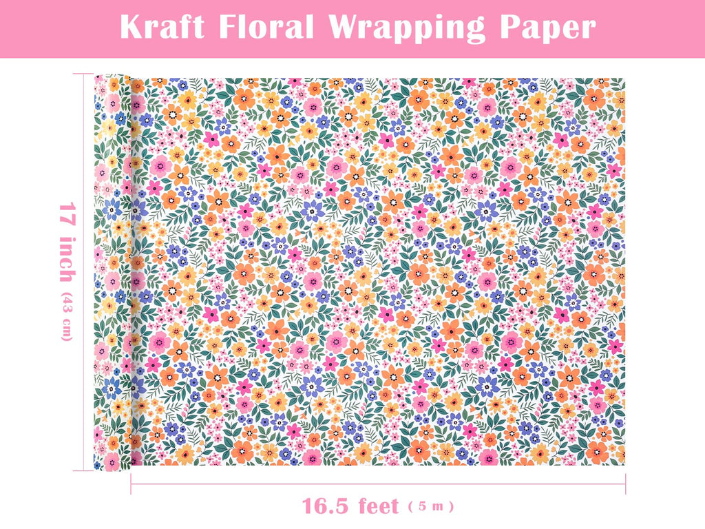 WRAPAHOLIC Kraft Floral Wrapping Paper Roll - Mini Roll - 17 Inch x 9.8 Feet - Spring Summer Garden Flower Design Perfect for Wedding, Bridal Shower, Birthday