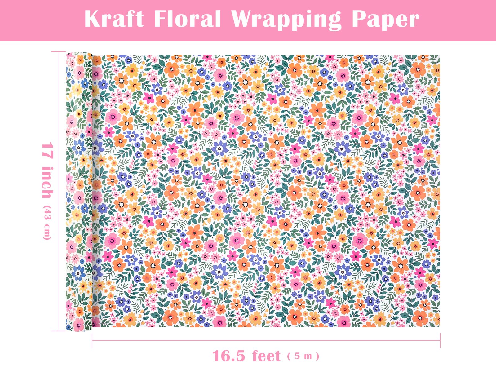WRAPAHOLIC Kraft Floral Wrapping Paper Roll - Mini Roll - 17 Inch x 9.8 Feet - Spring Summer Garden Flower Design Perfect for Wedding, Bridal Shower, Birthday