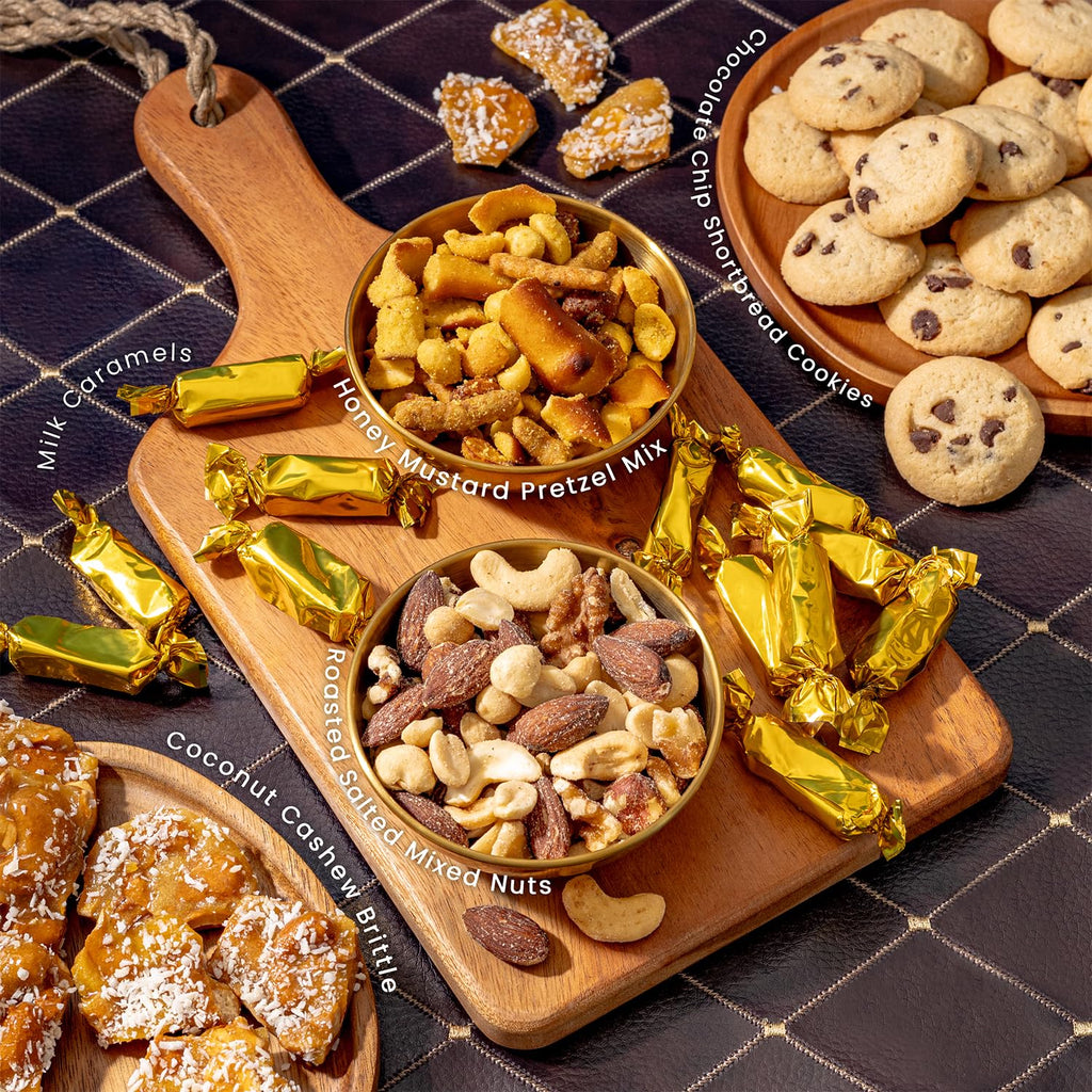 Caramels and Nut Sweet and Savory Gift Basket for Christmas Gifts, Dad, Men, Women, Holiday Parties | Gourmet Holiday Snack Tin Box | Churro Cinnamon and Sugar Pretzels | Sea Salt Caramels and Brittle| Prime Delivery Gift | Bonnie & Pop