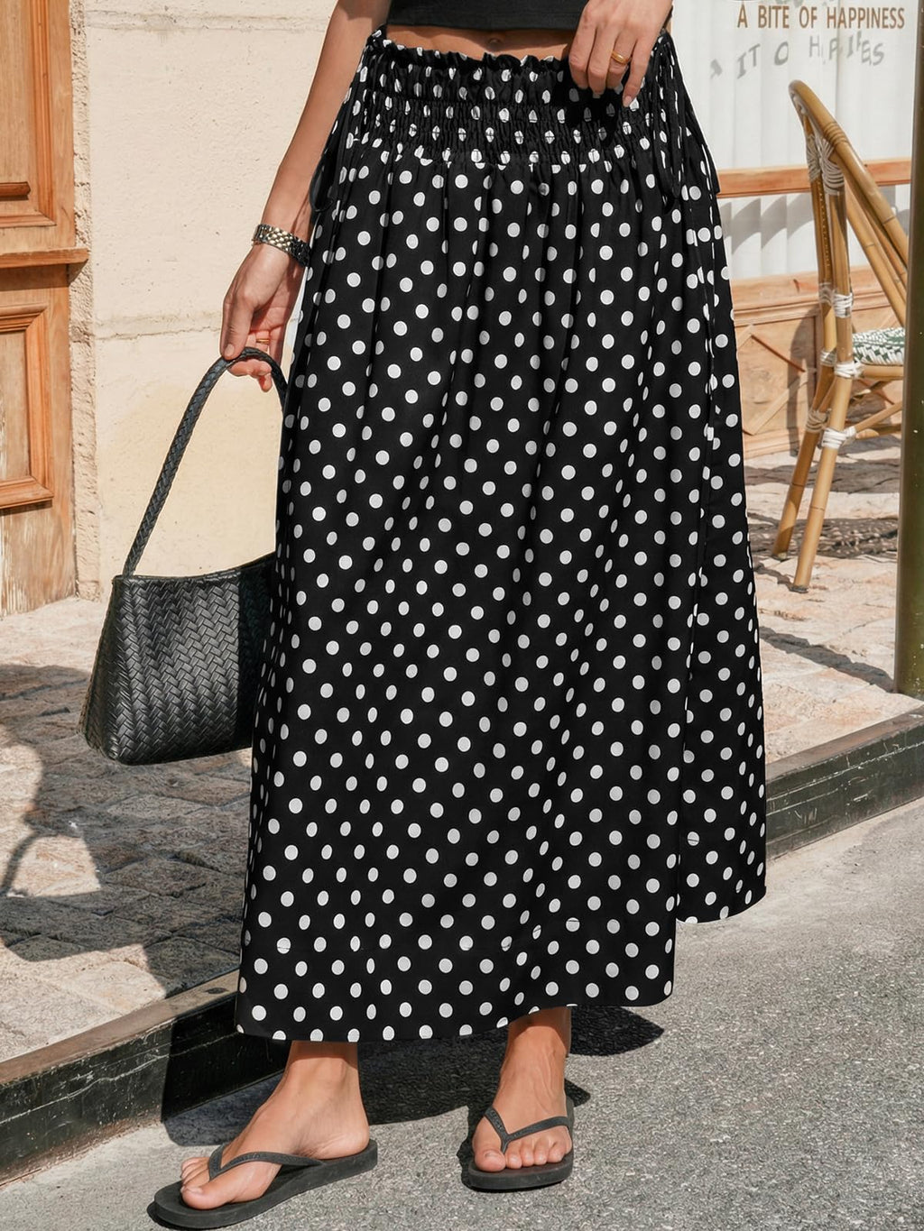 Tankaneo Womens Polka Dot Maxi Skirts Boho Smocked High Waisted Tie Skirt Casual Beach Vacation Dress