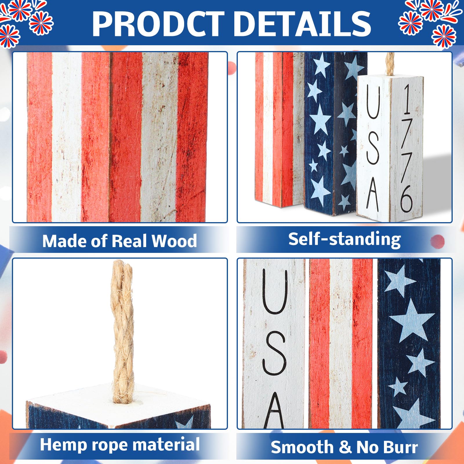 Amyhill 3 Pcs 4th of July Decorations Set Wooden Patriotic Table Centerpieces Independence Day Wood Firework Fourth of July Table Signs for 250th Anniversary Home Farmhouse Decor (Flag)