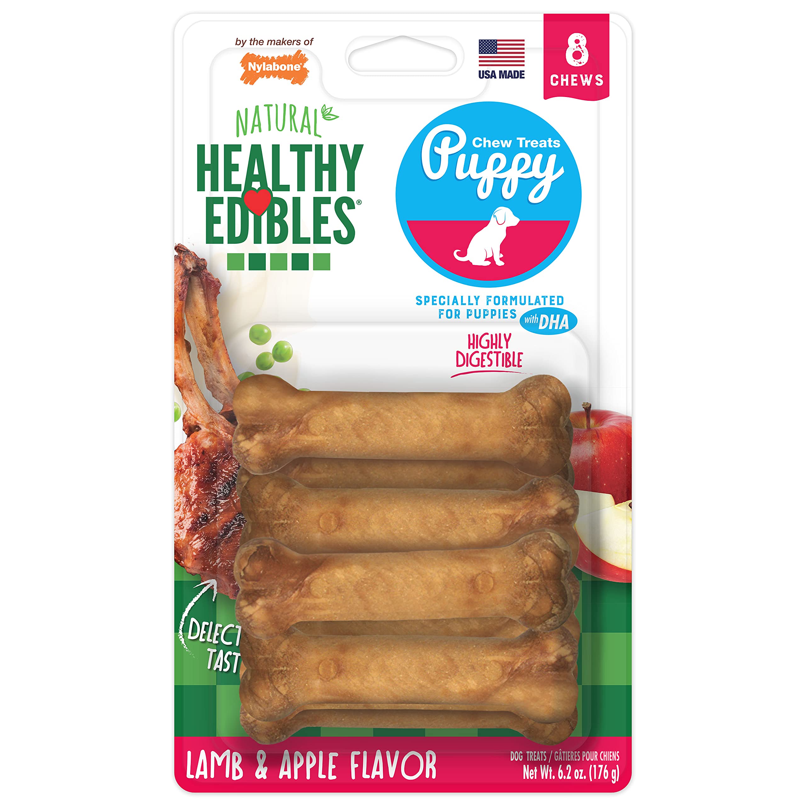 Nylabone Healthy Edibles Natural Puppy Chews Long Lasting Treats for Puppies, Roast Beef/Apple/Bacon Dog Treats, X-Small/Petite (3 Count)