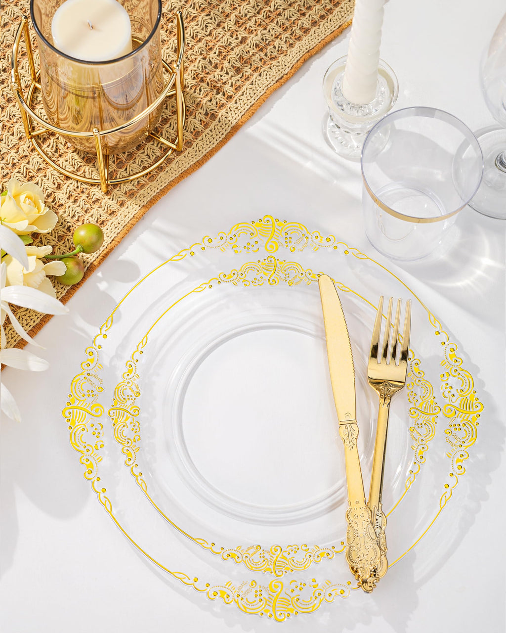 Nervure 175PCS Clear Blue Plastic Plates - Plastic Dinnerware Set Include 25Dinner Plates, 25Dessert Plates, 25Cups, 25Forks, 25Knives, 25Spoons, 25Napkins Perfect for Wedding & Party