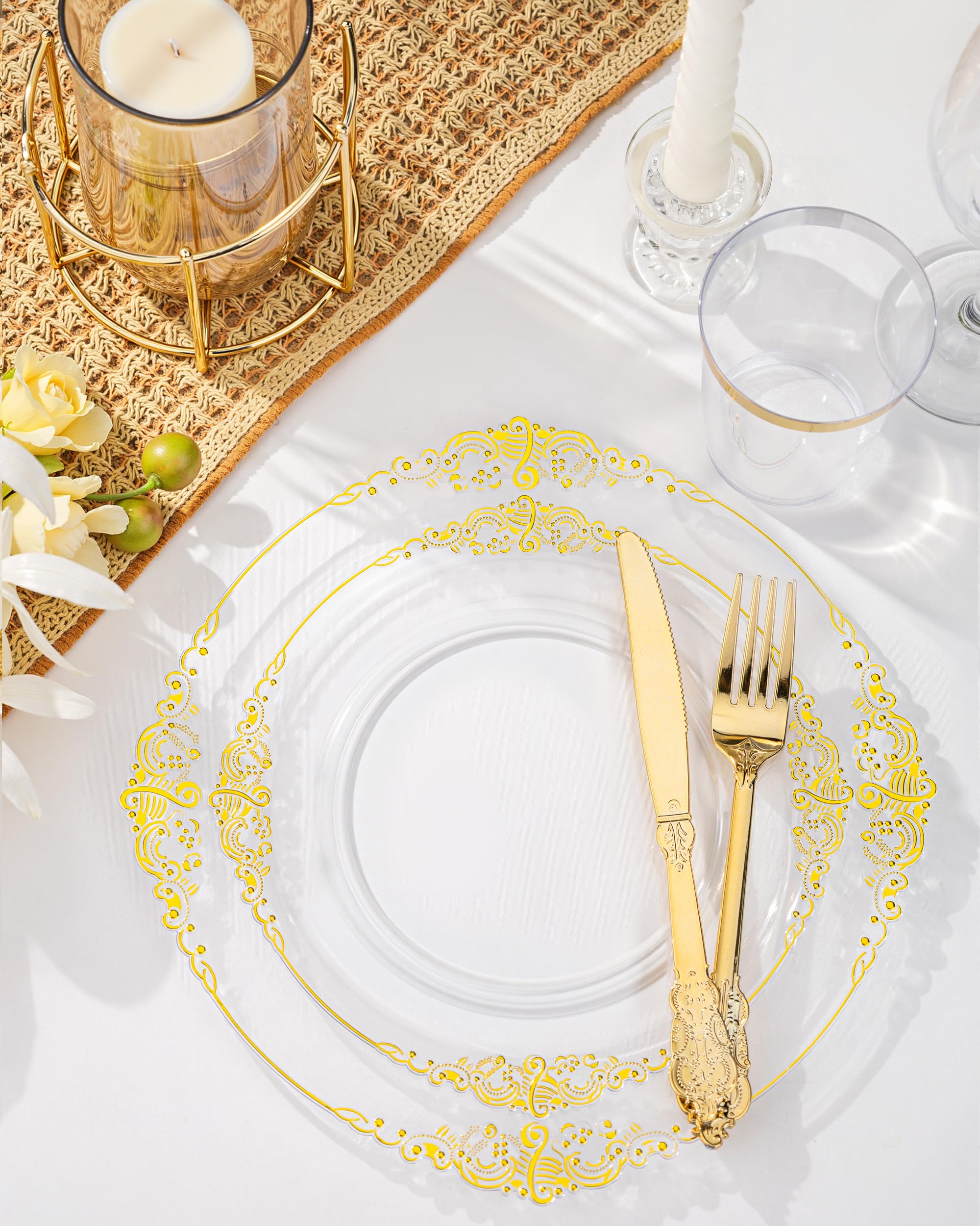 Nervure 175PCS Clear Blue Plastic Plates - Plastic Dinnerware Set Include 25Dinner Plates, 25Dessert Plates, 25Cups, 25Forks, 25Knives, 25Spoons, 25Napkins Perfect for Wedding & Party