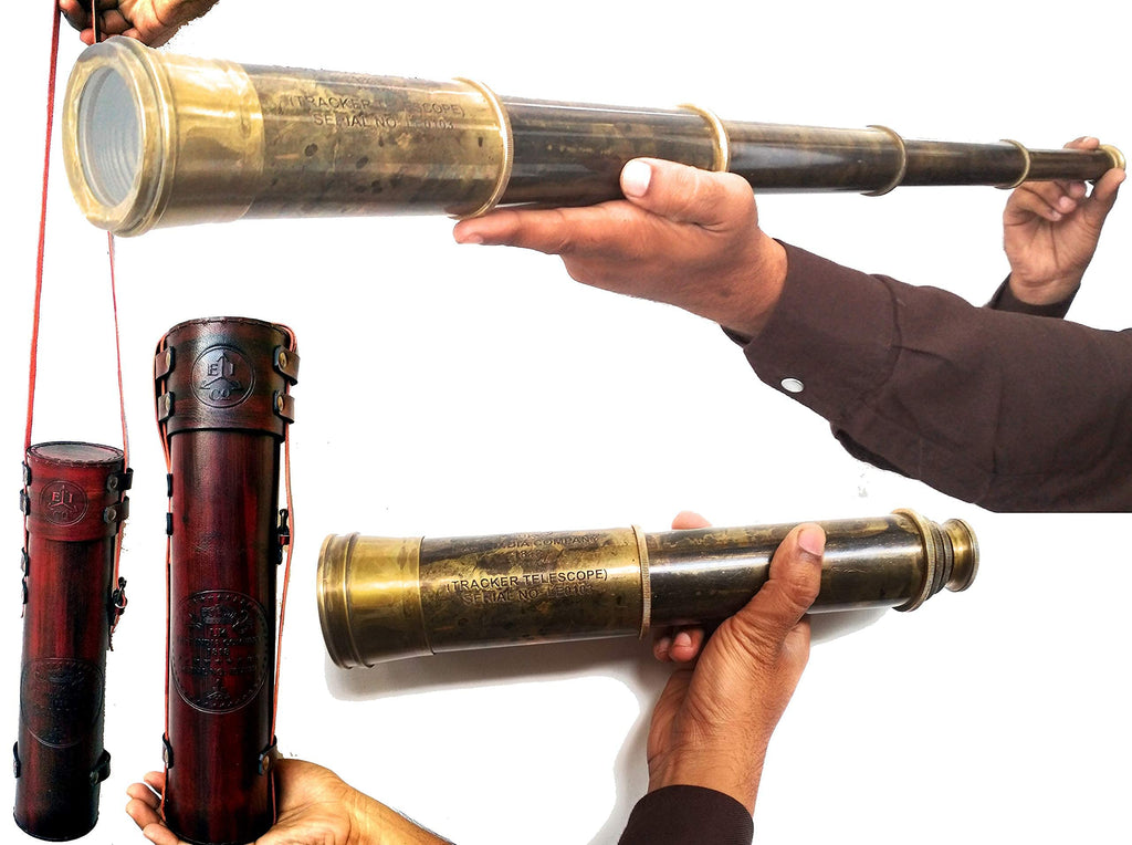 Rare Brass Telescope Spyglass - East India Company 1818 Tracker Vintage Pirate Spyglass Scope Antique Large Handstitched Leather Gift Box (BT-EIC17)