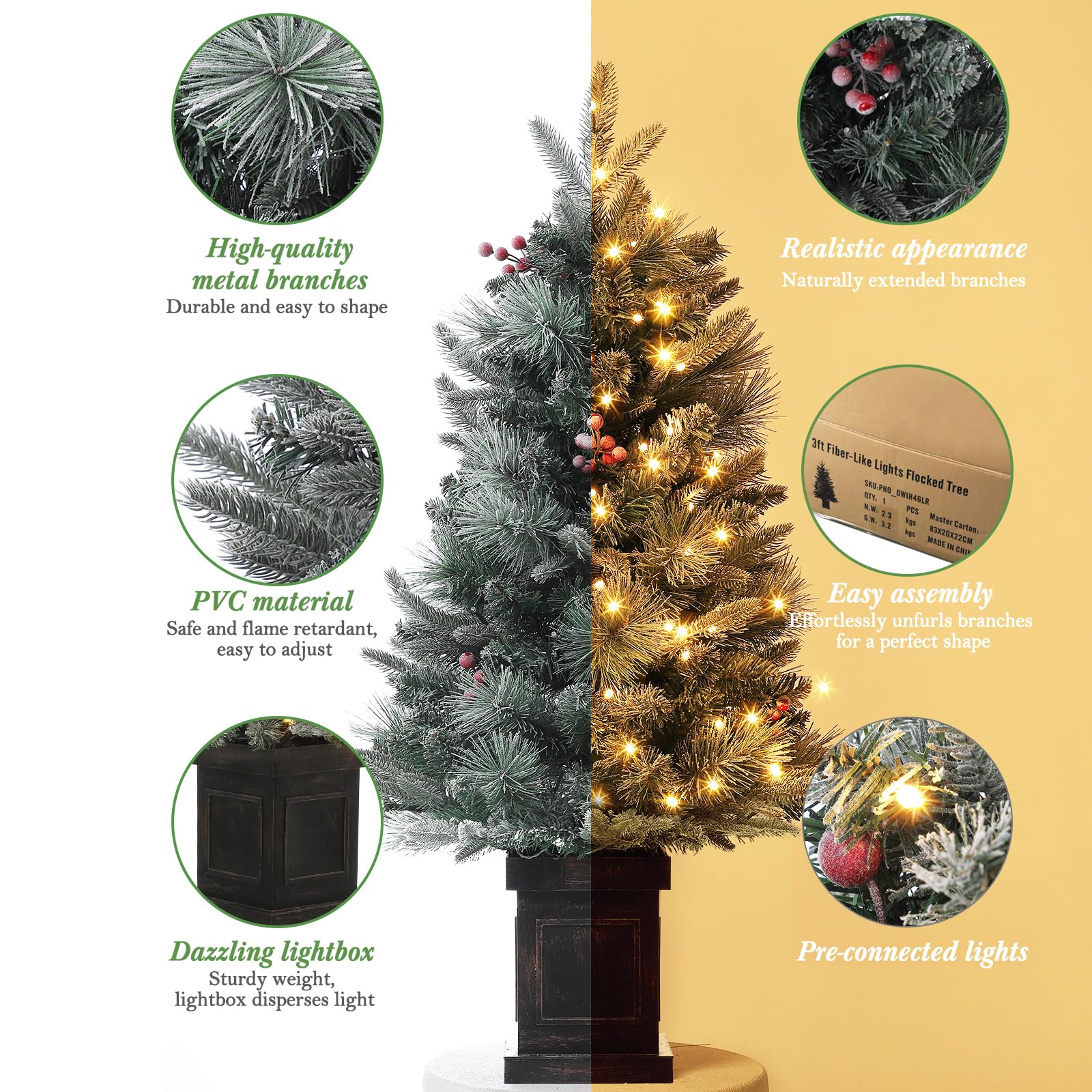 3FT Prelit Premium Snow Flocked Artificial Christmas Tree with Warm White LED, Mini Prelit Xmas Pine Tree for Christmas Decoration,Yard,Home,Office,Outdoor,Indoor,8 Mode Snowflake White Base- 1PC