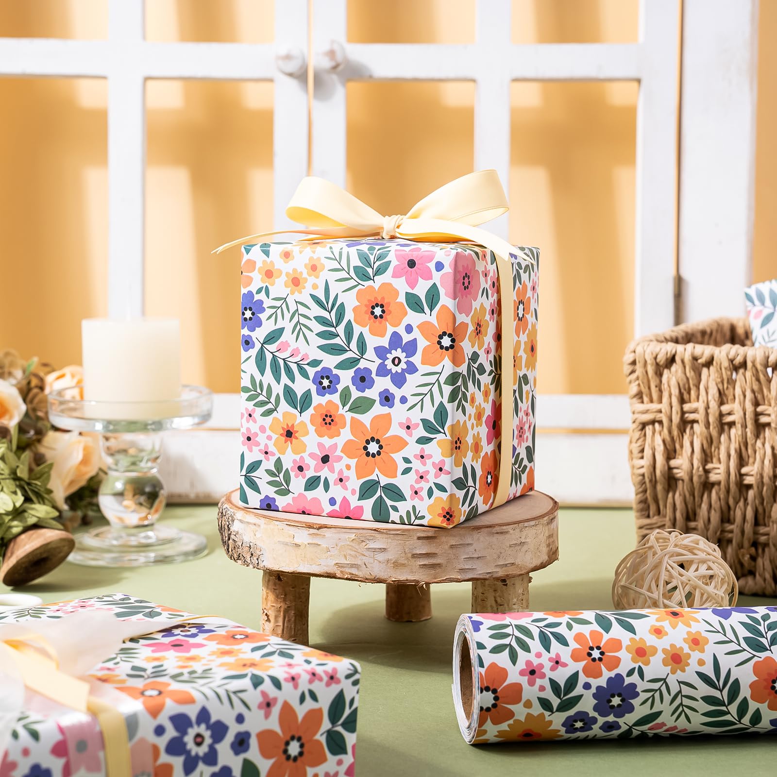 WRAPAHOLIC Kraft Floral Wrapping Paper Roll - Mini Roll - 17 Inch x 9.8 Feet - Spring Summer Garden Flower Design Perfect for Wedding, Bridal Shower, Birthday
