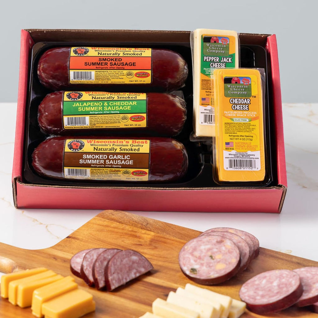 Wisconsin Cheese Company – Gourmet Cheese & Sausage Gift Box | 100% Wisconsin Cheese with Original, Garlic & Jalapeño Cheddar Summer Sausages | Perfect for Parties, Charcuterie Boards, and Holiday Gifts