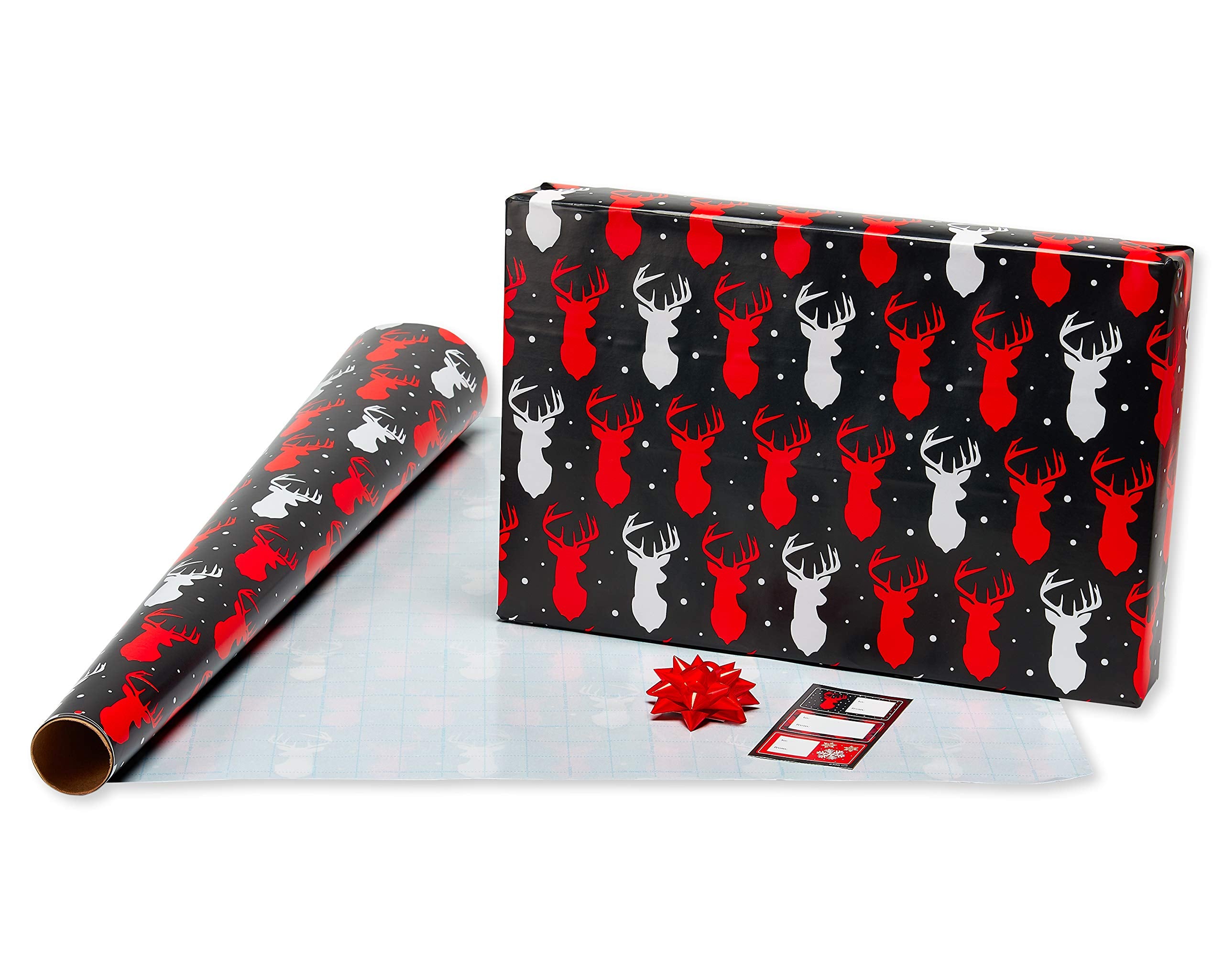 American Greetings Christmas Wrapping Paper, Red and Black Buffalo Plaid Holiday Gift Wrap Set (120 sq.ft., 4 rolls-30 in. x 12 ft., 7 Adhesive Bows, 30 Gift Tag Stickers) Rustic, Snowflakes, Reindeer
