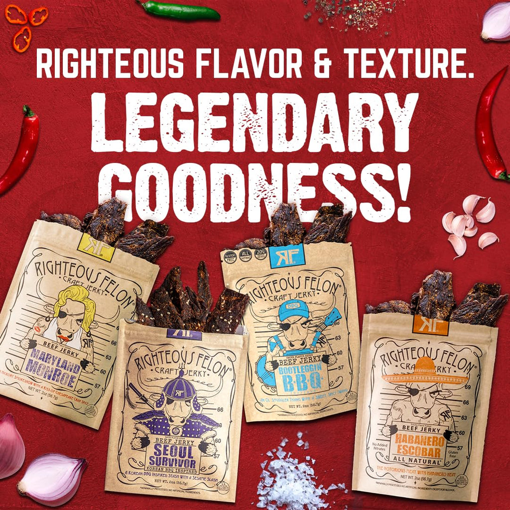 Righteous Felon Beef Jerky & Meat Sticks Variety Pack - Father's Day Jerky Sampler for Dad - Gluten Free Beef Jerky Snack Packs - High Protein, Keto, Low Sugar - Gifts for Men - 11 Pack Sampler