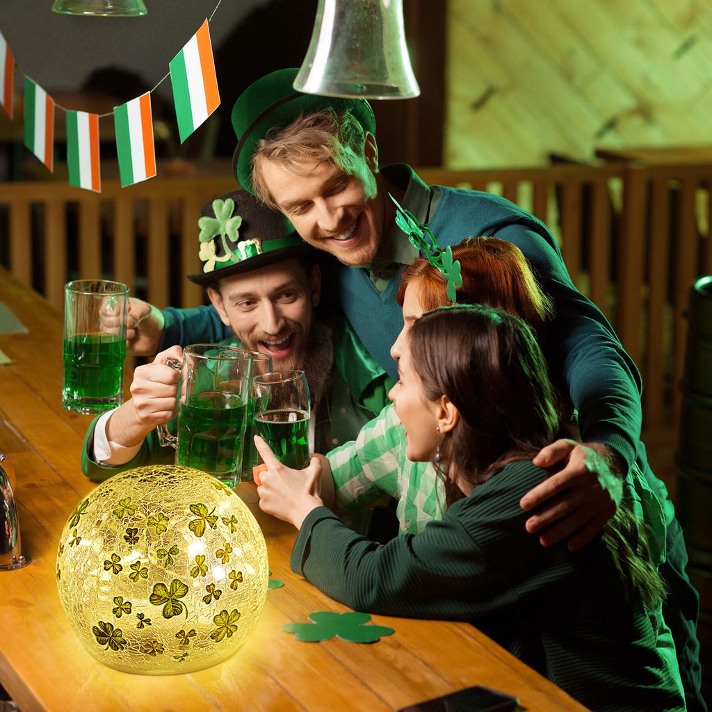 St Patricks Day Decorations Lights, Lighted Glass Ball Tabletop Irish Decor LED Night Light with Clover Pattern,Irish DIecorations for Home (2PCS3.93'')