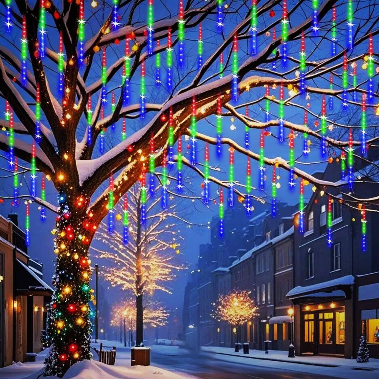 Weepong Halloween Lights Outdoor, Meteor Shower Christmas Lights for Halloween Decorations, 8 Tube 192 LED Snow Falling Rain Icicle String Light for Xmas Christmas Decor Tree Party, UL Plug Green