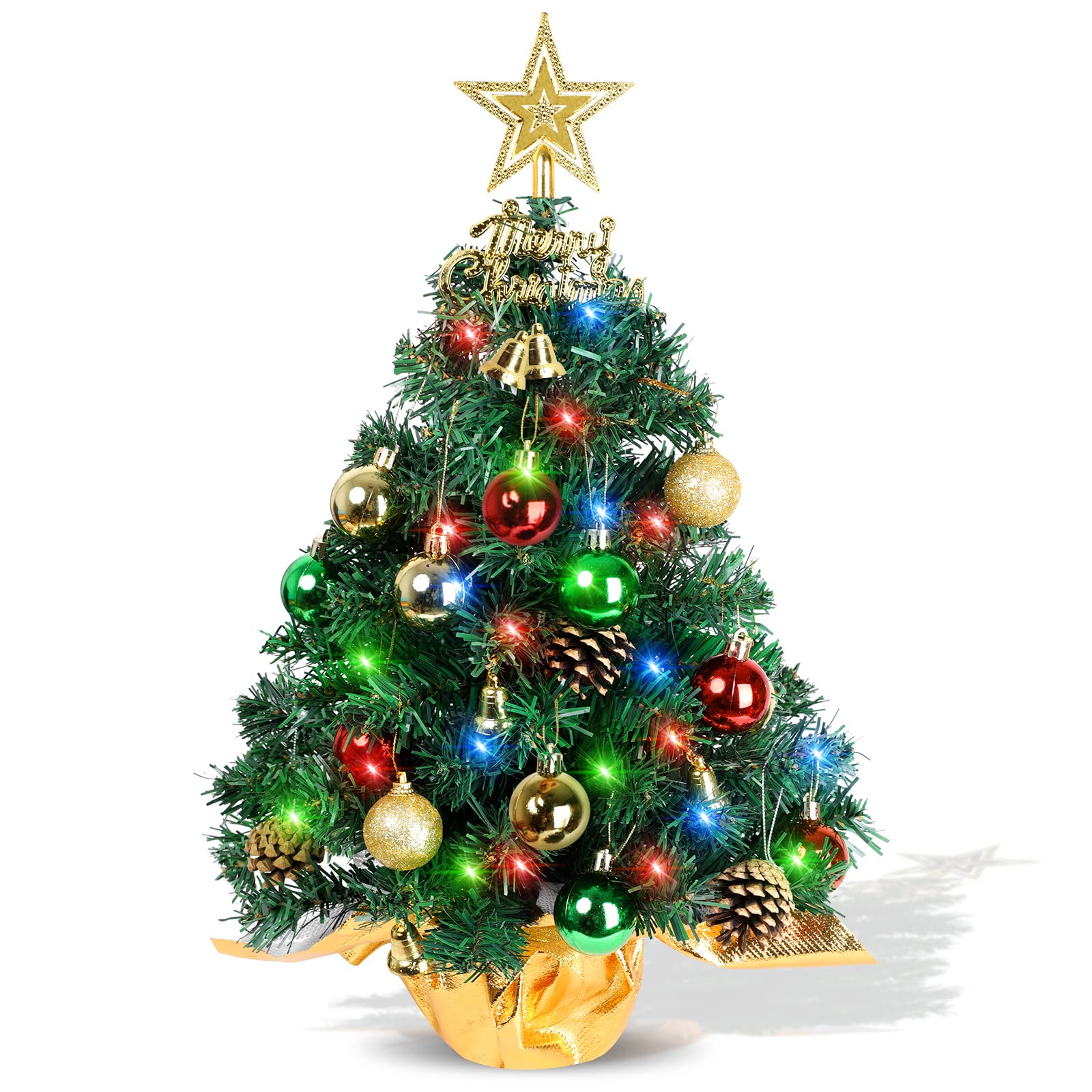 Tabletop Christmas Tree 21.65 Inch Mini Artificial Christmas Tree with 20 LED String Lights, Star Tree, Pine Cones Ornaments, Small Xmas Tree for Holiday Indoor DIY Christmas Decor