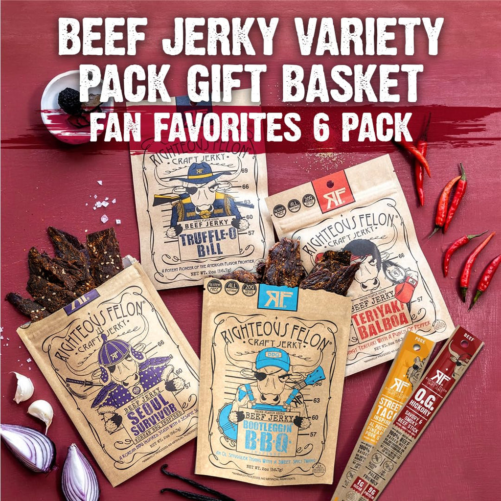 Righteous Felon Beef Jerky & Meat Sticks Variety Pack - Father's Day Jerky Sampler for Dad - Gluten Free Beef Jerky Snack Packs - High Protein, Keto, Low Sugar - Gifts for Men - 11 Pack Sampler