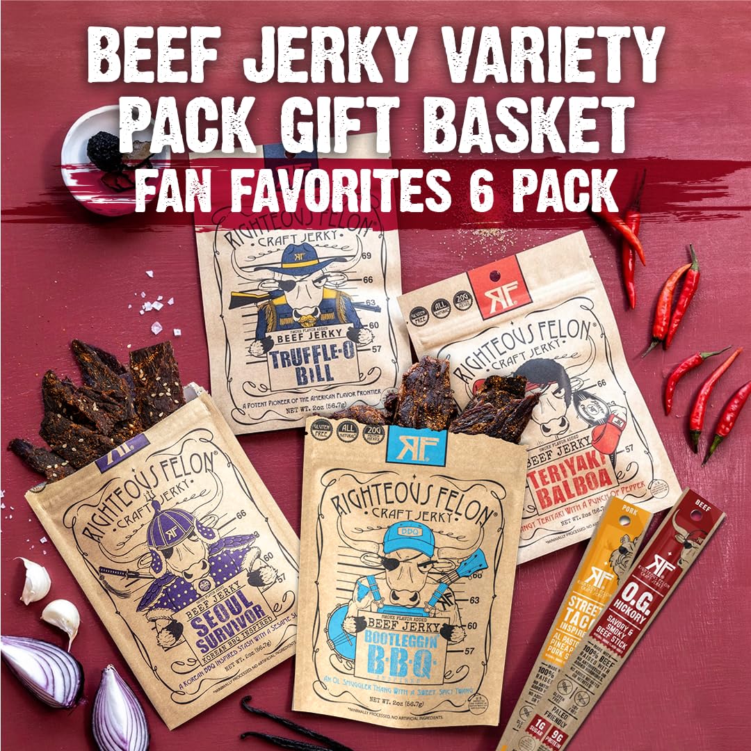 Righteous Felon Beef Jerky & Meat Sticks Variety Pack - Father's Day Jerky Sampler for Dad - Gluten Free Beef Jerky Snack Packs - High Protein, Keto, Low Sugar - Gifts for Men - 11 Pack Sampler