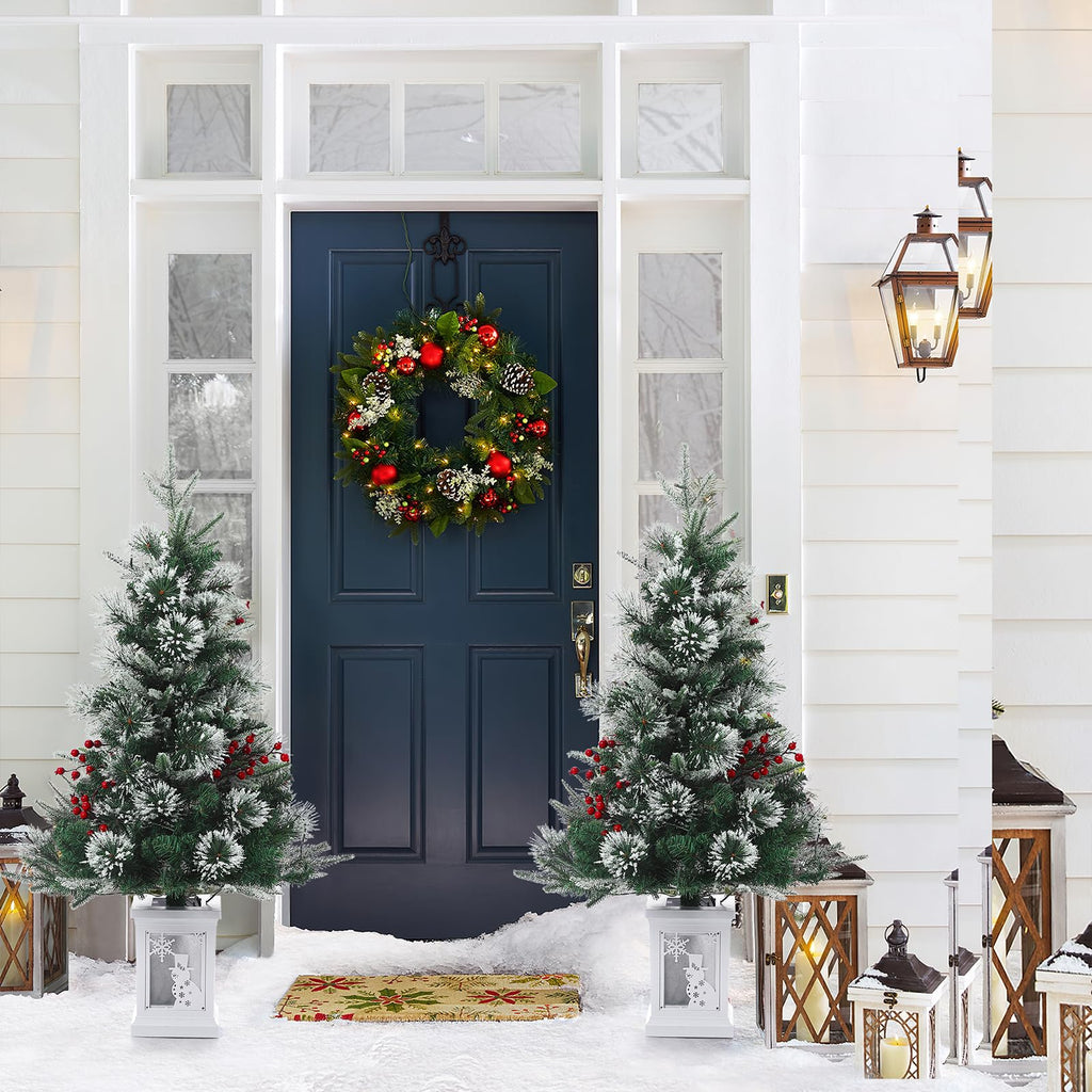 3FT Prelit Premium Snow Flocked Artificial Christmas Tree with Warm White LED, Mini Prelit Xmas Pine Tree for Christmas Decoration,Yard,Home,Office,Outdoor,Indoor,8 Mode Snowflake White Base- 1PC