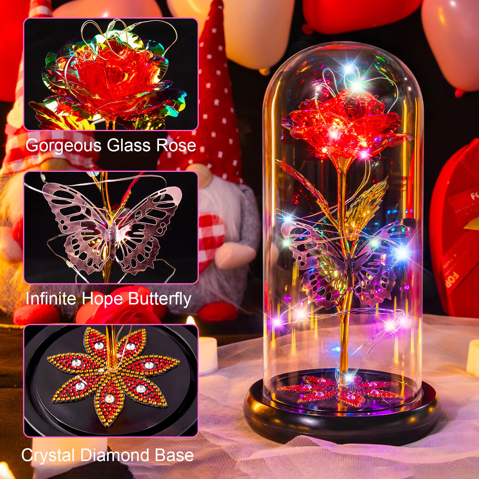 Pusuny Mothers Day Flowers Gifts for Mom Women Birthday Gift Galaxy Glass Rose Forever Eternal Crystal Flowers Rose in Glass Dome with Butterfly Mother's Day Roses Gifts for Mom Daughter Wife Purple