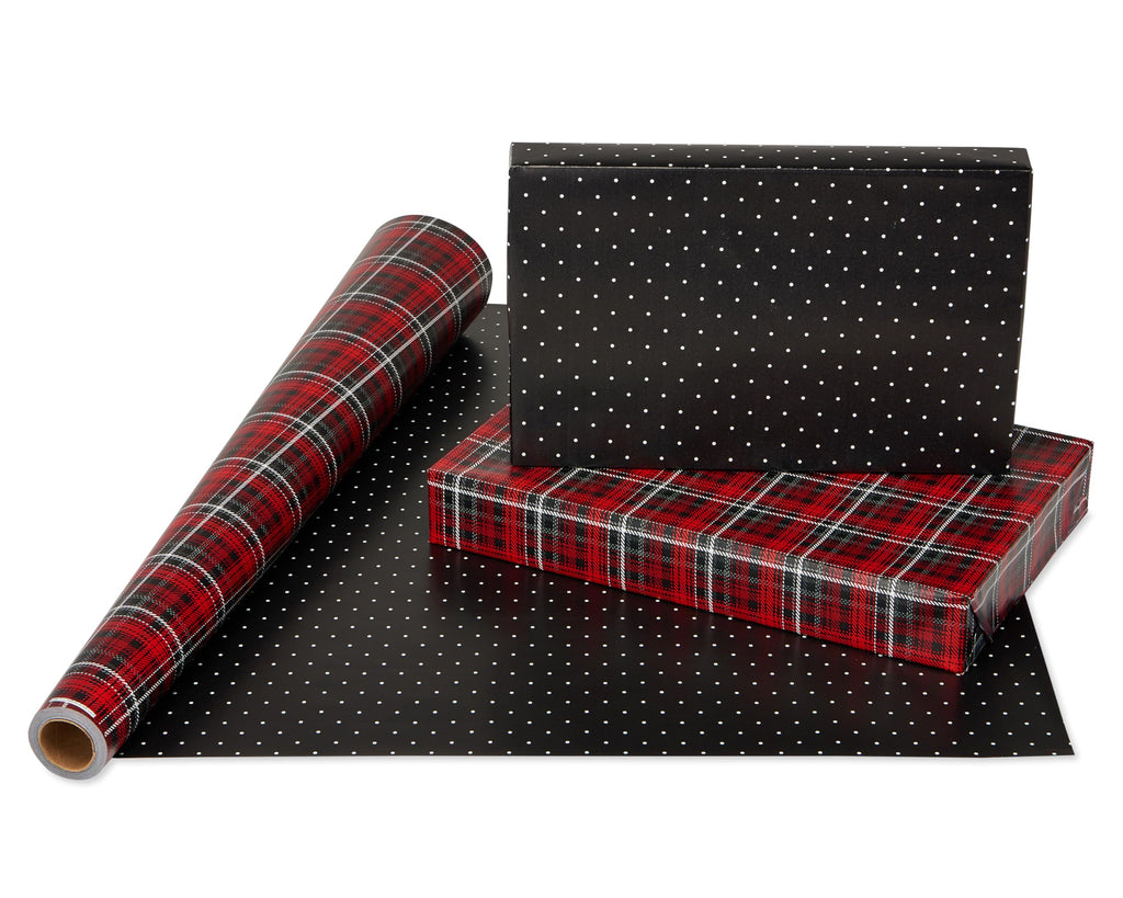 American Greetings Christmas Wrapping Paper, Red and Black Buffalo Plaid Holiday Gift Wrap Set (120 sq.ft., 4 rolls-30 in. x 12 ft., 7 Adhesive Bows, 30 Gift Tag Stickers) Rustic, Snowflakes, Reindeer