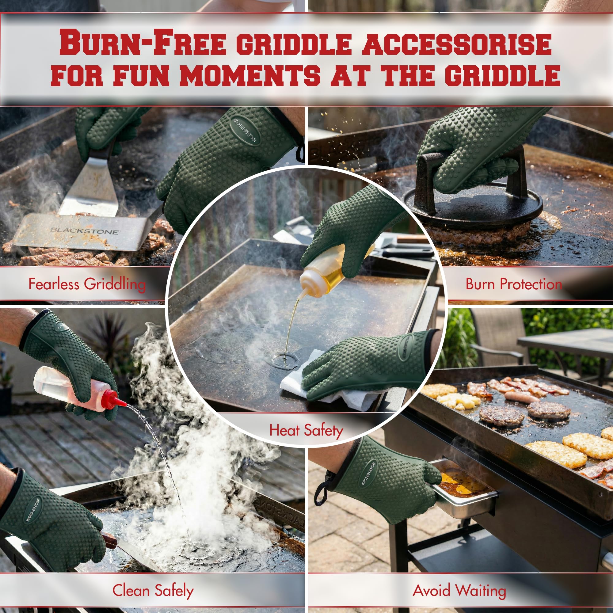 KITCHEN PERFECTION Silicone Oven & Griddle Gloves -Extreme Heat Resistant BBQ & Grilling Gloves -Handle Hot Food Right on Your Griddle |Waterproof Oven Mitts Grill Gloves |Superior Set+3 Bonuses
