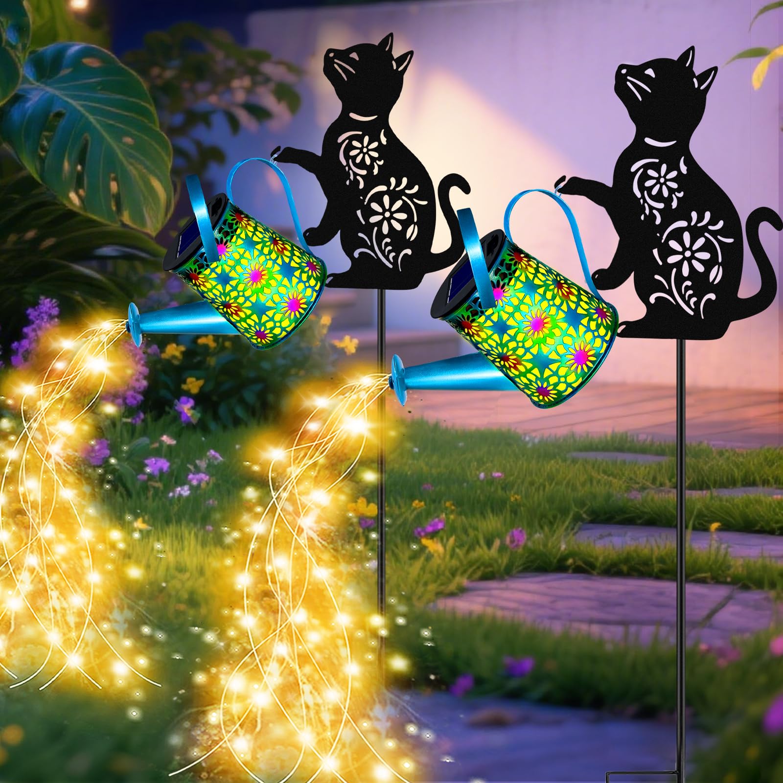 Solar Watering Can Lights, Cat Hanging Lantern Solar Lights Outdoor, Cat Lover Gifts for Mom Women Birthday Mother's Day Christmas, Waterproof Garden Decor Outside Patio Yard Pathway Backyard