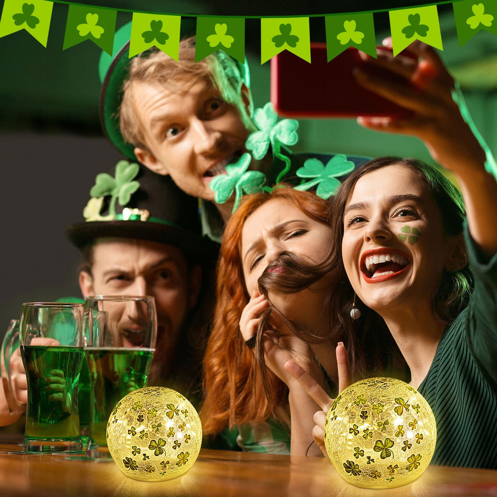 St Patricks Day Decorations Lights, Lighted Glass Ball Tabletop Irish Decor LED Night Light with Clover Pattern,Irish DIecorations for Home (2PCS3.93'')