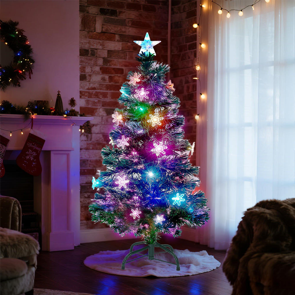Prsildan 4 FT Artificial Christmas Tree, Pre-Lit Optical Fiber Xmas Trees with Multicolor LED Lights, Snowflakes & Top Star, Lighted Christmas Tree Holiday Home Decor