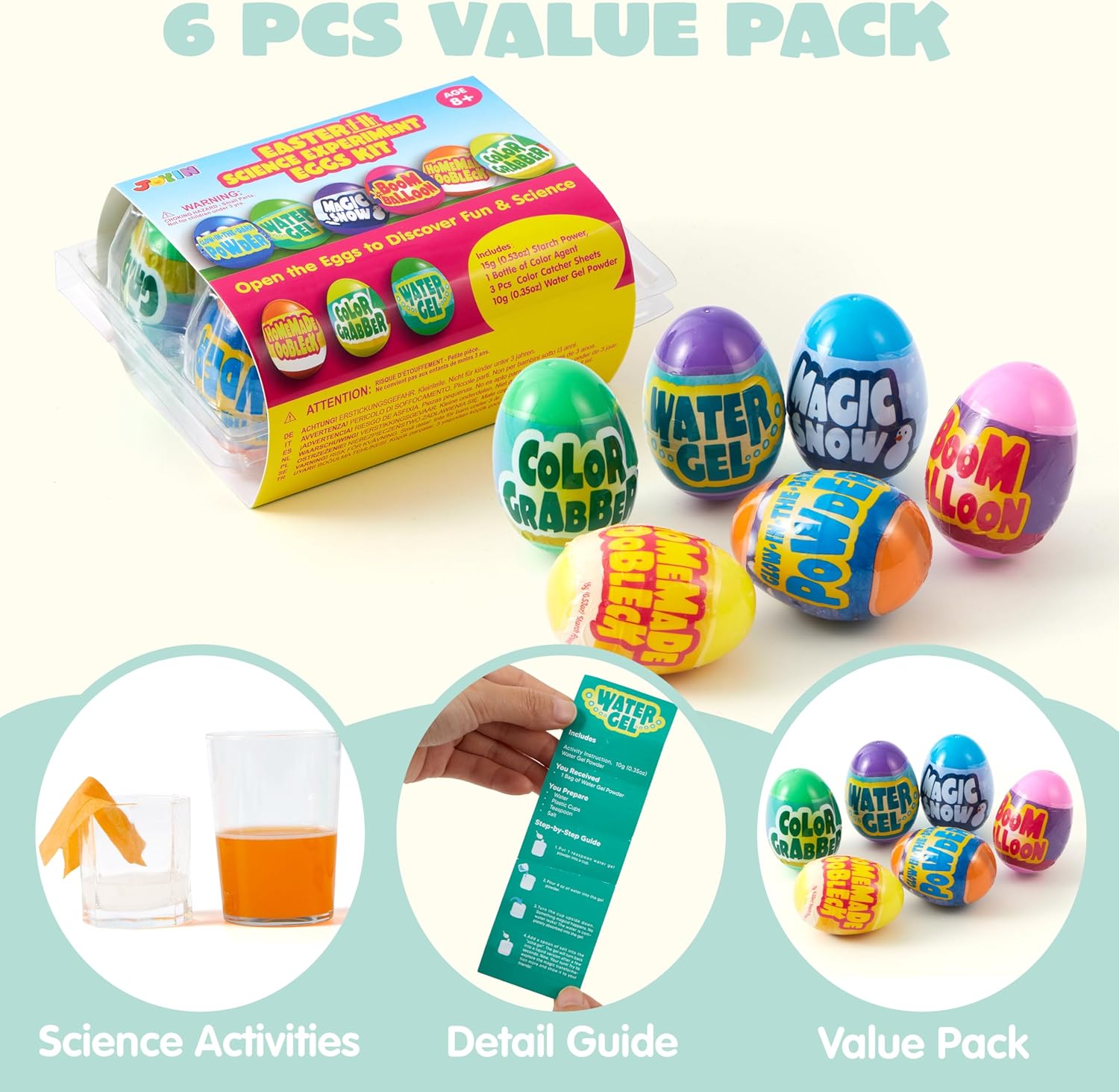 JOYIN 6pcs Prefilled Easter Eggs with Toys, Plastic Eggs with Science Experiment, Basket Stuffers for Boys & Girls, Easter Theme Party Favors
