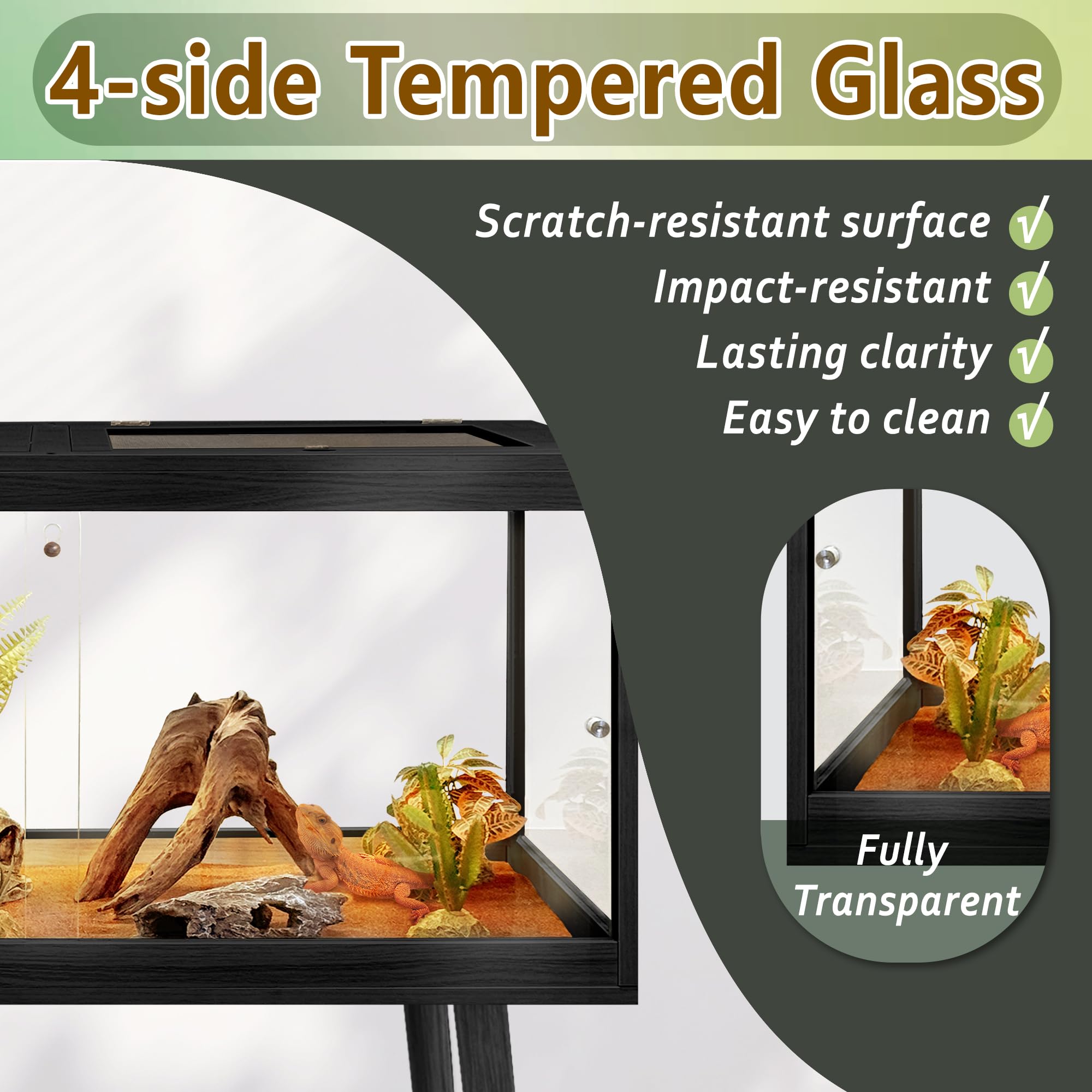 PROLEE Reptile Enclosure with Leg, 35 Gallons Bearded Dragon Tank, Tempered Glass Lizard Tank with Metal Mesh Tops and Lockable Door, Spacious Reptile Habitat for Snake,Lizard (Oak)