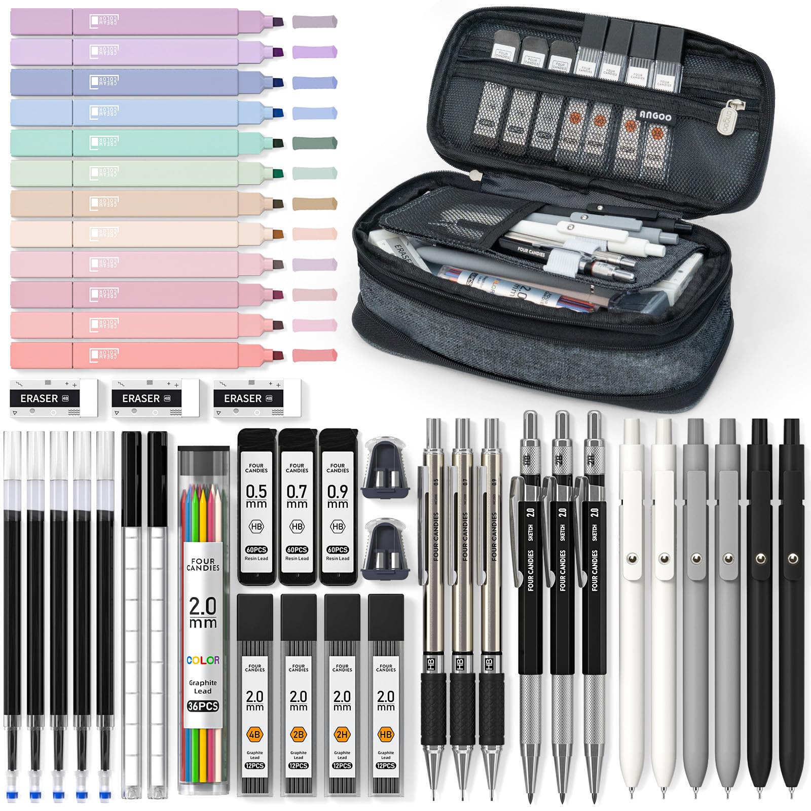 Four Candies 39 PCS Aesthetic Stationery Set with Cute Pen Case, College Supplies and Nursing Student Essentials, 12 Pastel Highlighters, 5 Black Gel Pens, 6 Mechanical Pencils, Blue