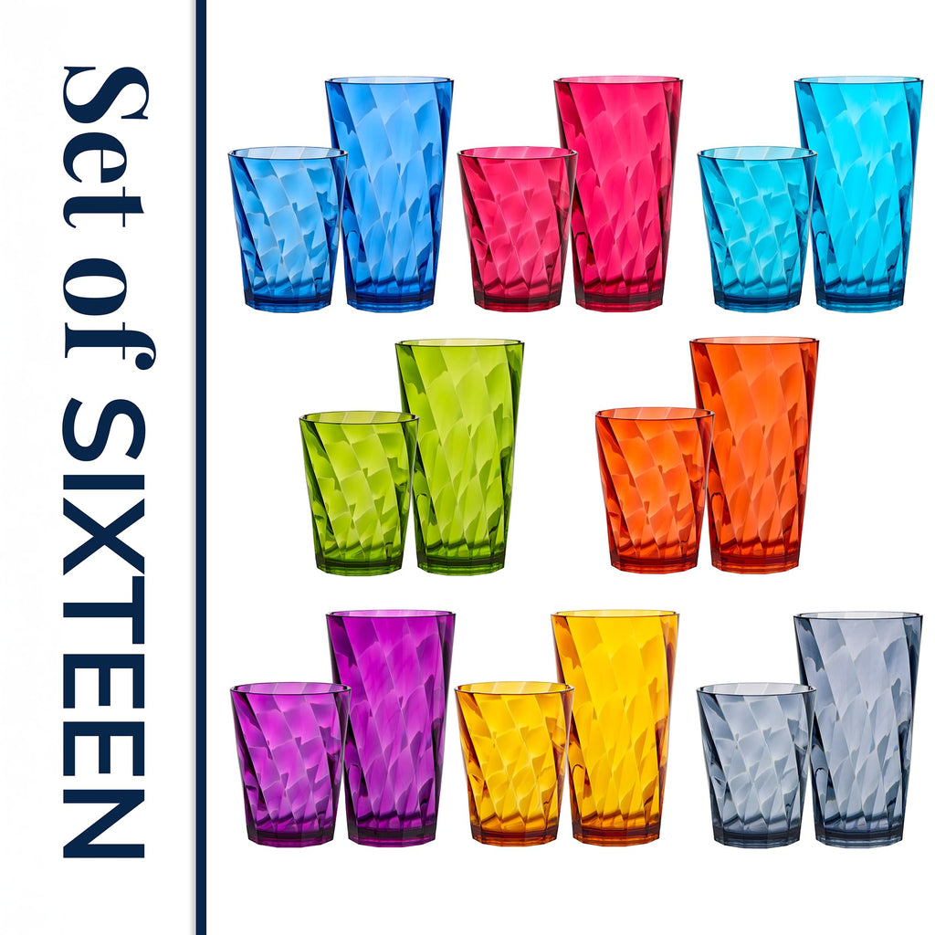 US Acrylic Optix Plastic Reusable Drinking Glasses (Set of 8) 20oz Water Cups in Jewel Tone Colors | BPA-Free Tumblers, Made in USA | Top-Rack Dishwasher Safe
