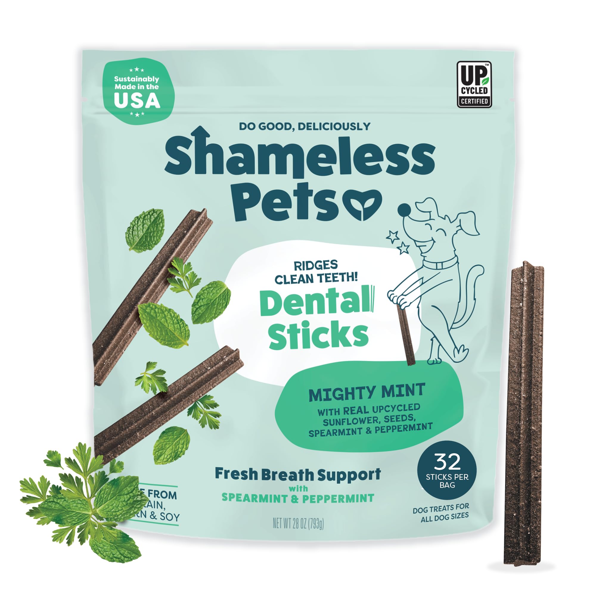 Shameless Pets Blueberry & Mint Dental Chews for Dogs, 8 Chews - Natural Dog Teeth Cleaning Treats with Fresh Breath Benefits | Grain-Free Dental Sticks for Small, Medium & Large Dogs