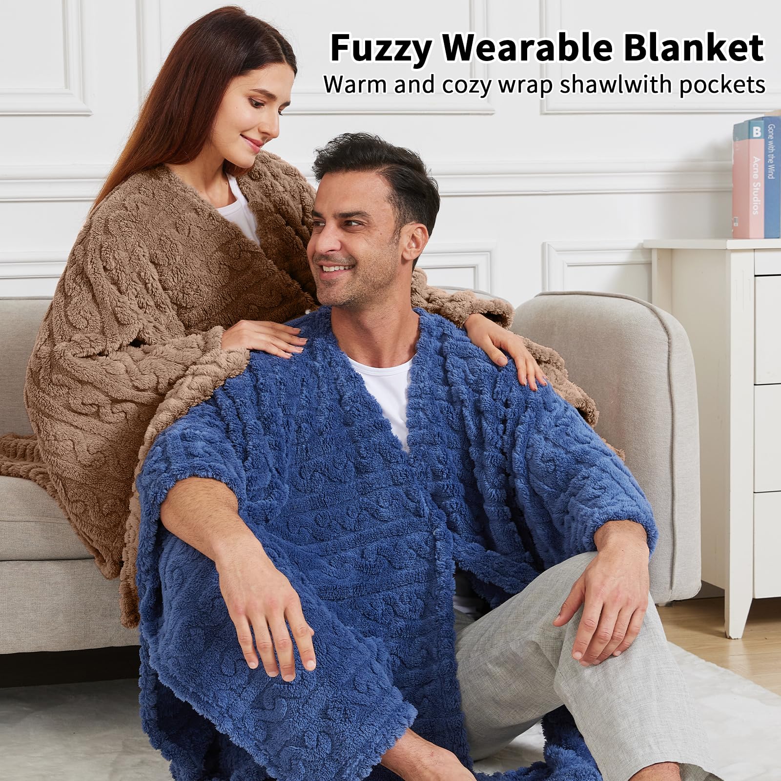 Wearable Blanket Poncho Cape Wrap for Adult, Cozy Sherpa Fleece Pocketed Shawl TV Throw Blankets for Office and Lounge(Caramel,58'' x 64'')