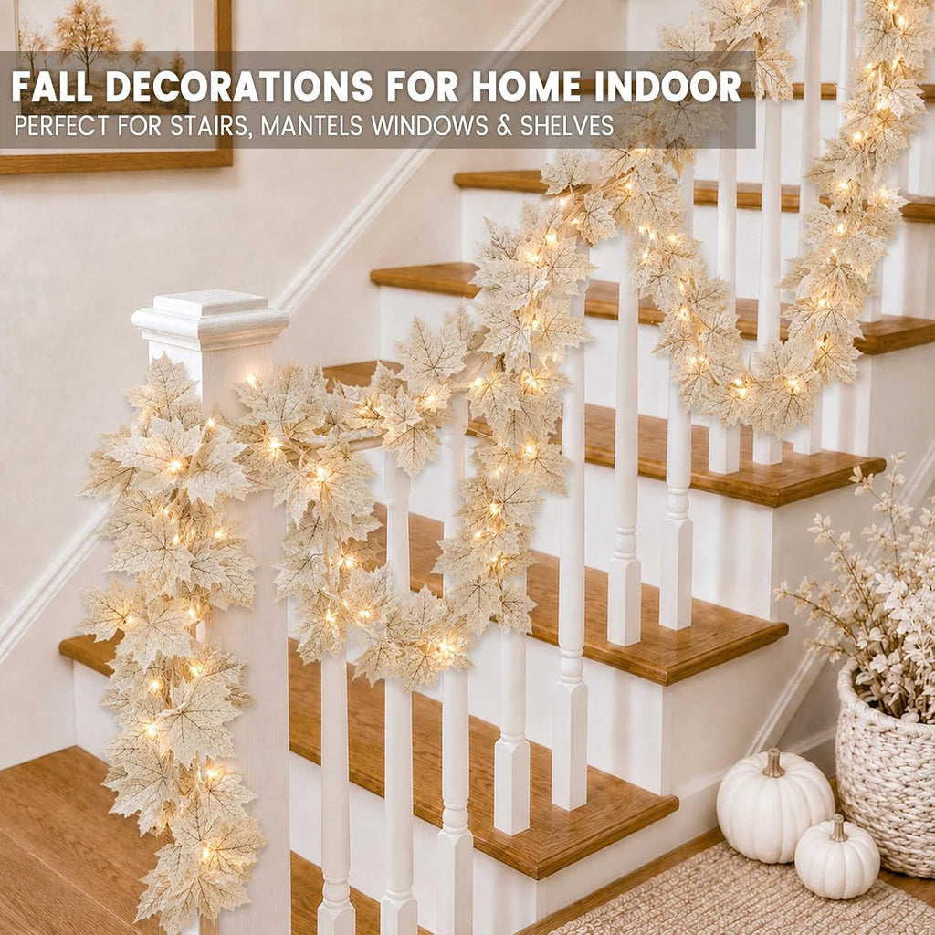 2 Pack Fall Decor Fall Garland with Lights Fall Decorations for Home, Lighted Maples Leaves Garland Total 13Ft 40LED Battery Operated Halloween Thanksgiving Christmas Decor Home Mantel Indoor Outdoor
