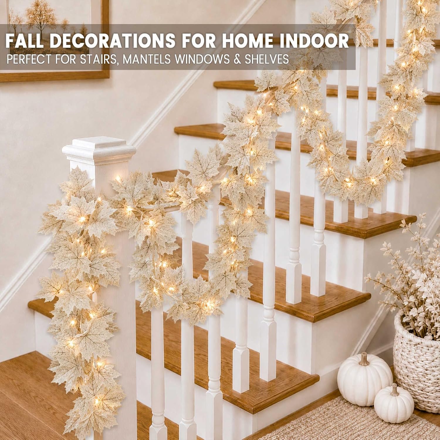 2 Pack Fall Decor Fall Garland with Lights Fall Decorations for Home, Lighted Maples Leaves Garland Total 13Ft 40LED Battery Operated Halloween Thanksgiving Christmas Decor Home Mantel Indoor Outdoor