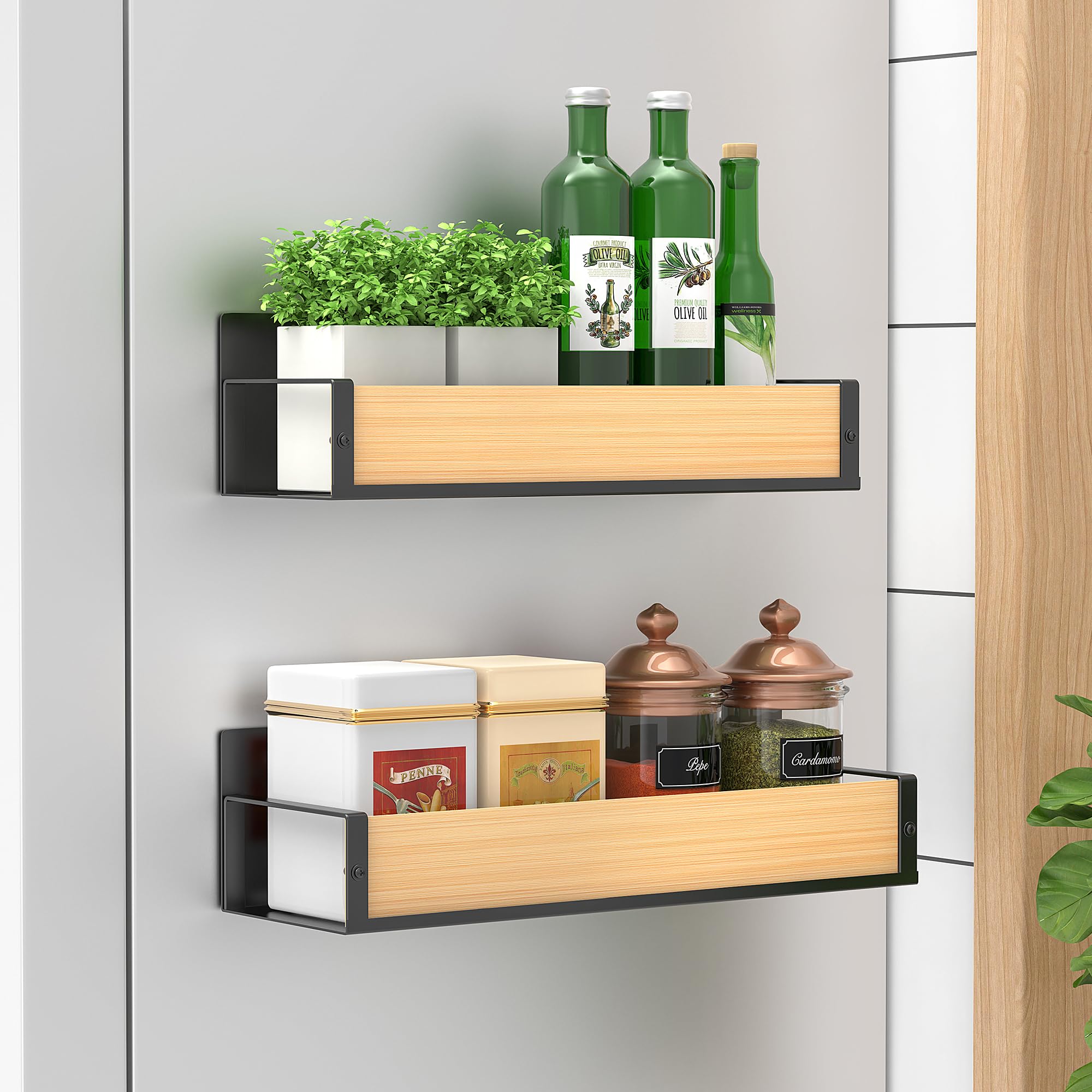 HuggieGems Metal 4 Pack Magnetic Spice Storage Rack Organizer for Refrigerator and Oven, Black Fridge Organizers and Storage, Metal
