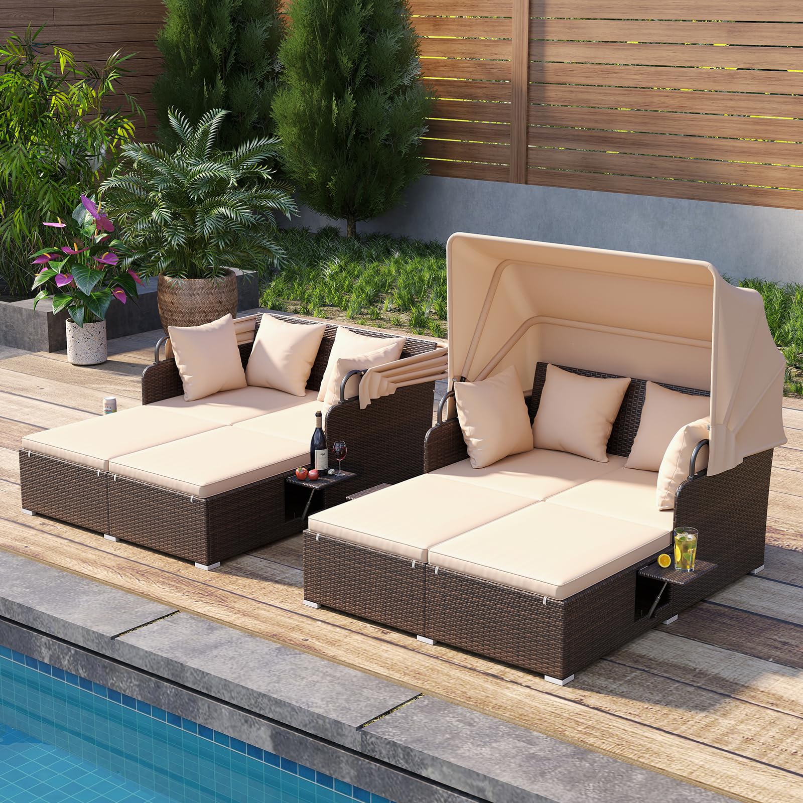 Tangkula Patio Rattan Daybed with Retractable Canopy, Outdoor Wicker Sunbed Lounger with 2 Foldable Side Tables, Thick Seat & Back Cushions, Outside Double Daybed for Garden, Backyard, Porch