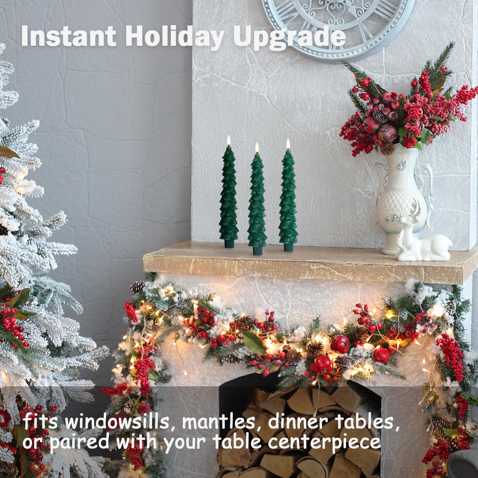 FPOO Christmas Decorations Indoor, 3 PCS Waxy Christmas Tree Candles with Remote Timer, Battery LED Candlesticks for Window, Table Centerpiece, Xmas Decor, Gift (7.5 inches)