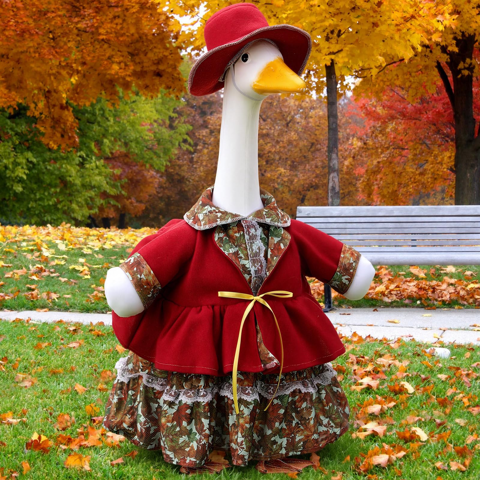 Suzile Fall Maple Porch Goose Outfit Autumn Goose Clothes for 23 Inch Cement or Plastic Geese Costume for Yard Lawn Outdoor Garden Patio Concrete Duck Statue Dress Thanksgiving Party Holiday Decor