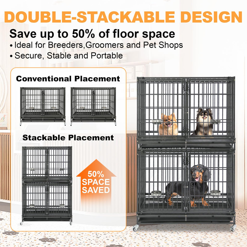 Homey Pet 37 Inch Heavy Duty Dog Crate for Medium Dogs, Stackable Dog Cage with Four Lockable Wheels, Removable Tray & Grid, Open Top, Escape Proof Dog Kennel Indoor