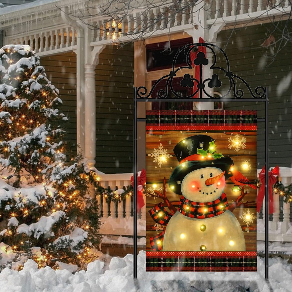 Lighted Christmas Garden Flag for Outside, Led Snowman Garden Flag, Winter Yard Flag 12x18 Double Sided for Outdoor Yard Porch Lawn Decoration