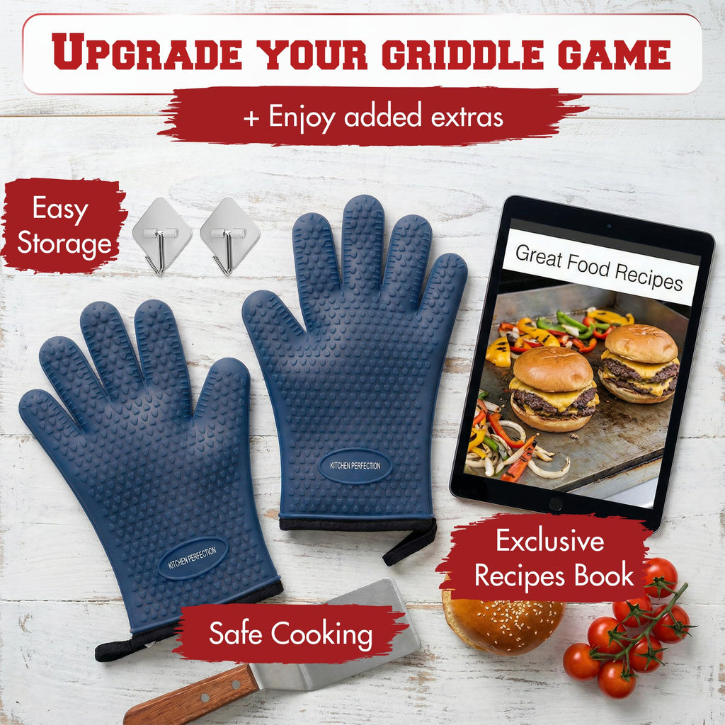 KITCHEN PERFECTION Silicone Oven & Griddle Gloves -Extreme Heat Resistant BBQ & Grilling Gloves -Handle Hot Food Right on Your Griddle |Waterproof Oven Mitts Grill Gloves |Superior Set+3 Bonuses