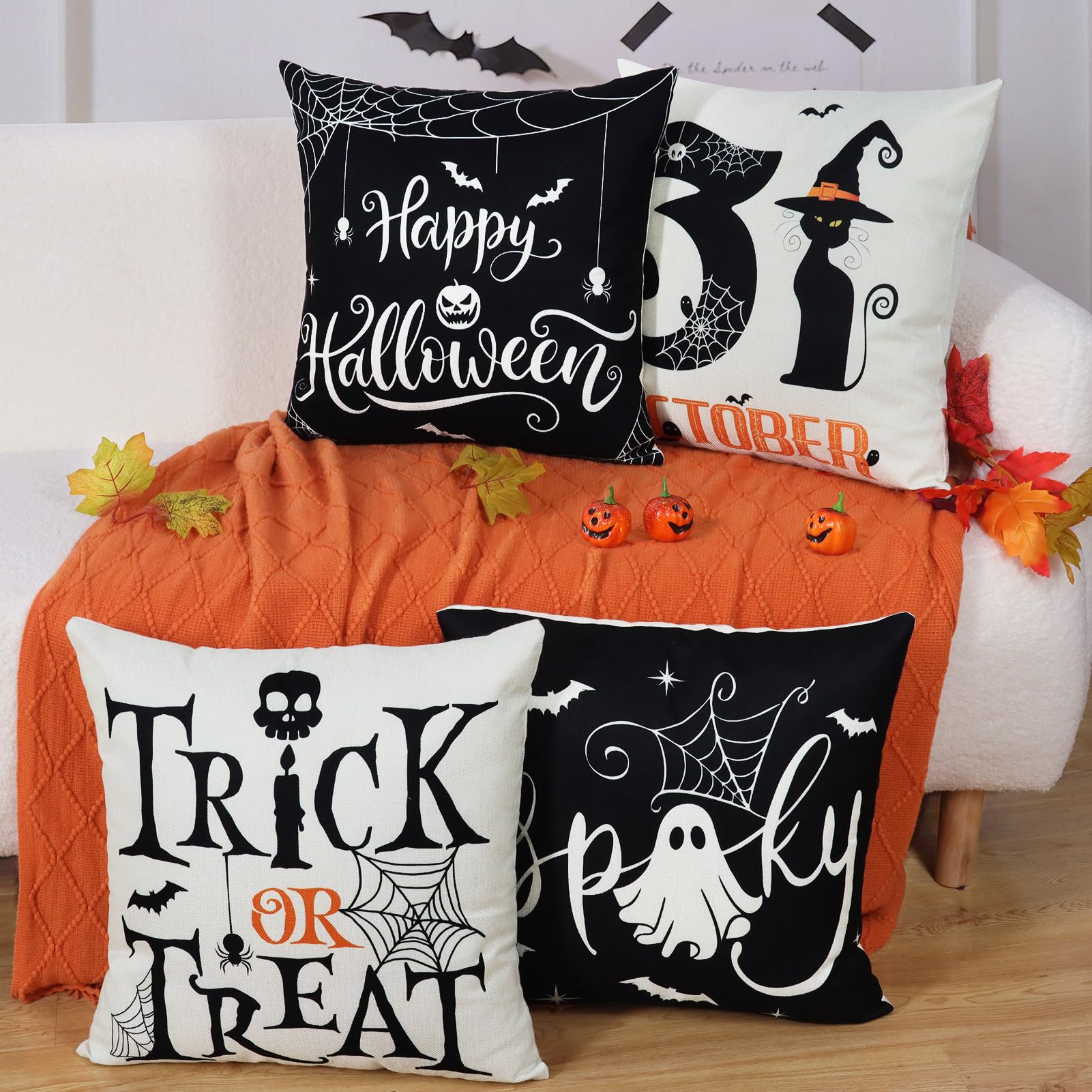 Hongsome Fall Decorations for Home-Throw Pillow Covers 18x18in Set of 4,Pumpkin Linen Pillow Case for Thanksgiving Couch Autumn Holiday Outdoor Burnt Orange White Decor