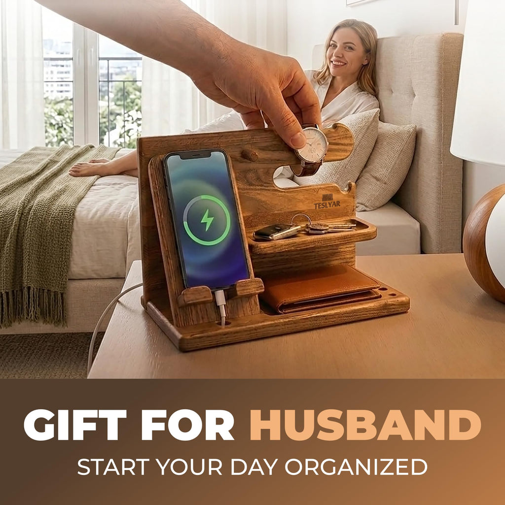 TESLYAR Wood Phone Docking Station for Men - Desk or Nightstand Organizer - Birthday Gifts for Husband, Dad - Anniversary Idea from Wife - Key Holder, Stand Wallet, Watch & Essentials (Bourbon Brown)