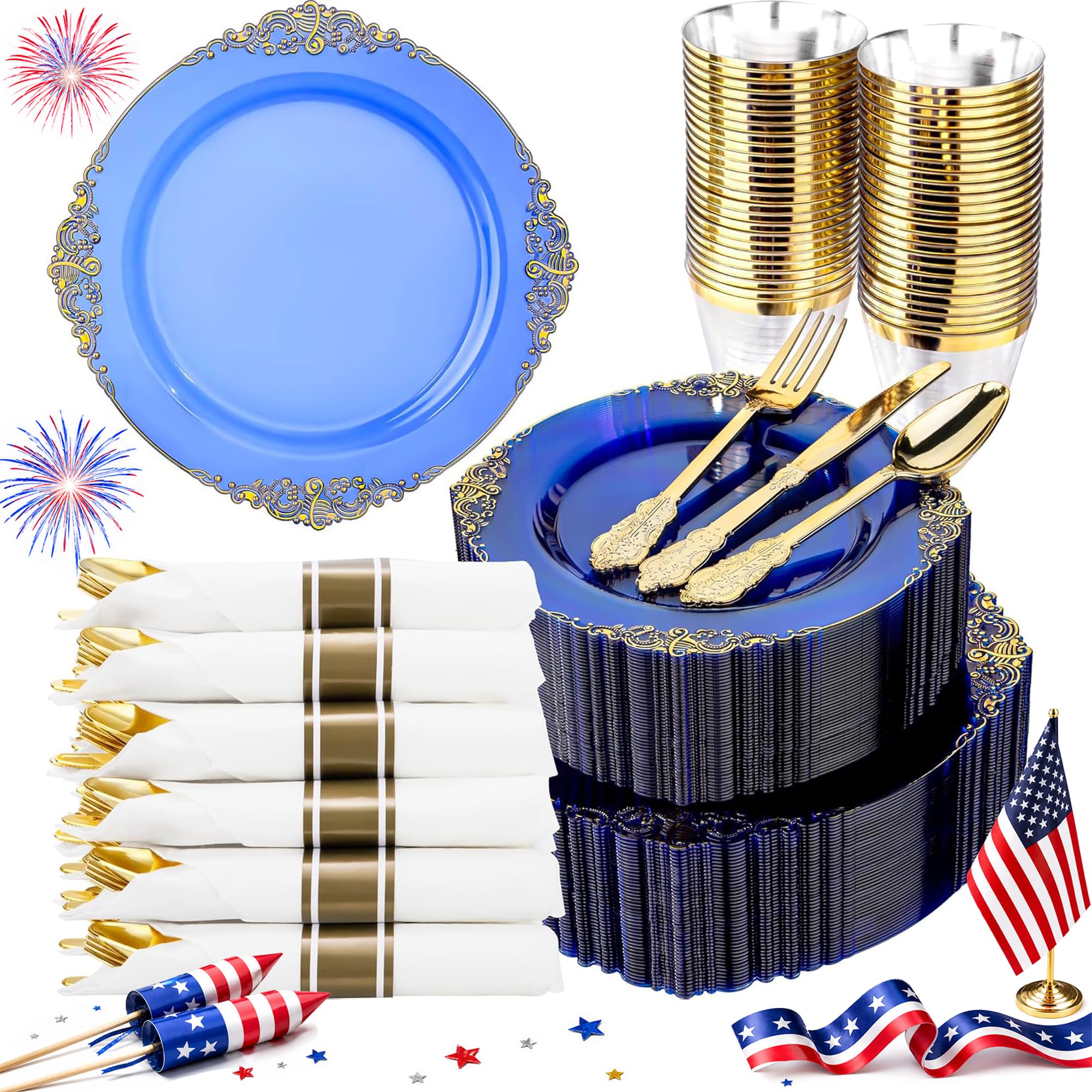 Nervure 175PCS Clear Blue Plastic Plates - Plastic Dinnerware Set Include 25Dinner Plates, 25Dessert Plates, 25Cups, 25Forks, 25Knives, 25Spoons, 25Napkins Perfect for Wedding & Party