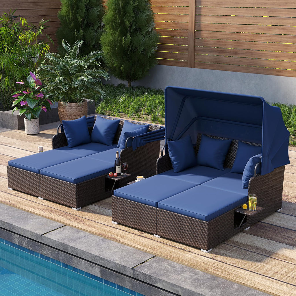 Tangkula Patio Rattan Daybed with Retractable Canopy, Outdoor Wicker Sunbed Lounger with 2 Foldable Side Tables, Thick Seat & Back Cushions, Outside Double Daybed for Garden, Backyard, Porch